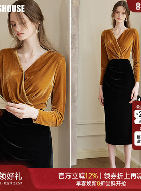 罗衣高级丝绒褶皱连衣裙女2025秋装新款复古拼接修身中长裙09600