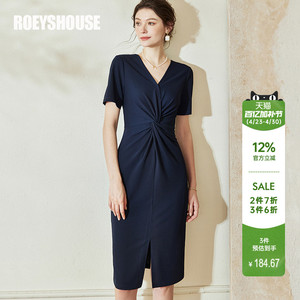 罗衣法式V领针织深蓝色连衣裙女夏气质扭结通勤开叉修身裙子08589