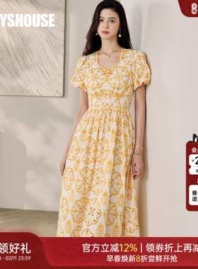 罗衣时尚灯笼袖花色大摆连衣裙2025夏季新款气质收腰中长裙12244