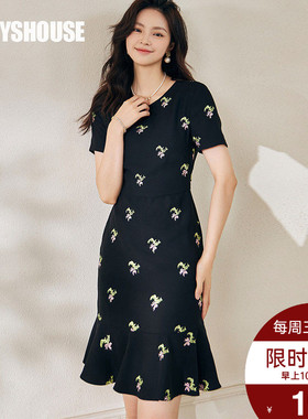 罗衣高端洋气刺绣连衣裙女2025夏装新款优雅鱼尾摆修身裙子08725