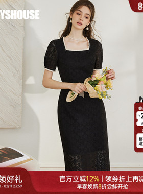 罗衣法式方领蕾丝连衣裙2025初夏新款显瘦黑色洋气包臀裙子10285