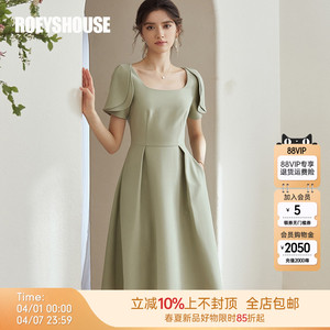 罗衣复古简约方领豆绿色连衣裙女夏季淑女拼接褶皱大摆裙子06692