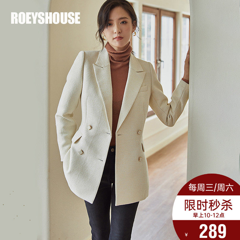 罗衣知性粗花呢西装外套女2022冬装新款通勤米白色修身西服05671_虎窝淘