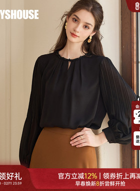 罗衣高级缎面拼接雪纺衬衫女2025秋季新款镂空衬衣黑色上衣11005