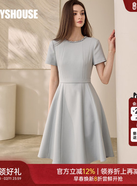 罗衣高级浅蓝色系带连衣裙女2025秋季新款时尚收腰大摆裙子11827