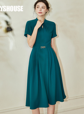 罗衣优雅OL收腰大摆连衣裙女2025夏装新款气质镂空褶皱裙子08612