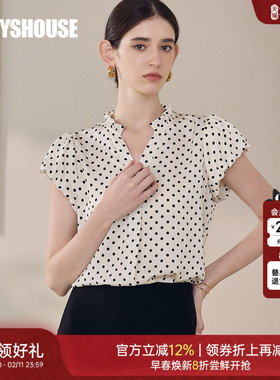 罗衣知性职业V领波点衬衫2025夏季新款优雅百搭缎面宽松上衣12352