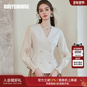 双排扣收腰衬衣长袖 罗衣通勤OL风拼接V领衬衫 女春季 杏色上衣10078