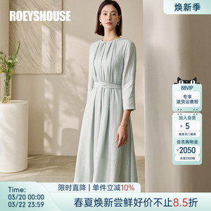 罗衣气质圆领褶皱系带连衣裙女春季通勤浅绿色肌理感大摆裙11725