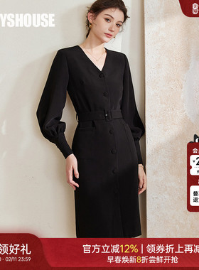 罗衣气质系带修身连衣裙女2025秋季新款知性V领灯笼袖包臀裙05997