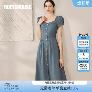 褶皱大摆裙子08568 罗衣法式 方领牛仔蓝连衣裙2024夏装 新款 泡泡袖