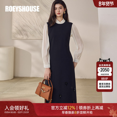 罗衣简约气质立体花朵黑色连衣裙