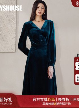 罗衣优雅贵气V领丝绒连衣裙女冬季正式场合复古孔雀蓝大摆裙09228