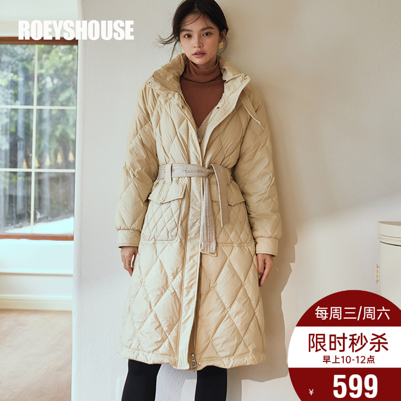 罗衣90%白鸭绒米色系带羽绒服