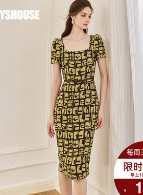 罗衣优雅花色修身连衣裙2025夏季新款复古泡泡袖通勤中长裙10710