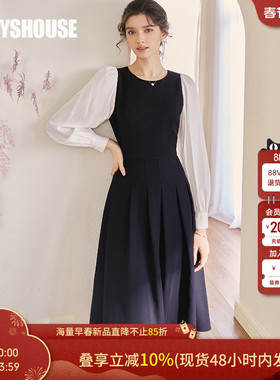 罗衣优雅淑女拼色收腰A型连衣裙女春气质灯笼袖大摆中长裙子07059