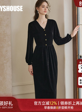 罗衣优雅复古丝绒连衣裙女2025秋冬新款时尚黑色收腰中长裙11188