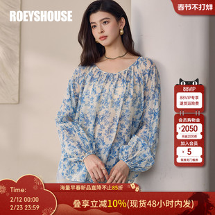 罗衣休闲蓝花色灯笼袖衬衫女春度假风轻薄宽松圆领长袖上衣12545