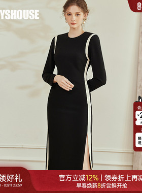 罗衣时尚拼接收腰连衣裙女春简单大方高级通勤黑色开叉A字裙08970
