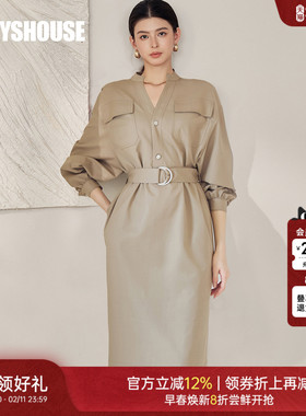 罗衣轻商务别致系带收腰连衣裙女早春正式场合穿V领中长裙子07245