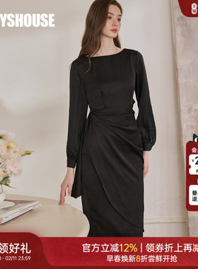 罗衣时尚黑色缎面连衣裙女2025秋季新款拼接显瘦垂坠感裙子09199