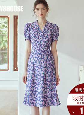 罗衣复古花色西装连衣裙2025夏装新款气质系带泡泡袖大摆裙06582