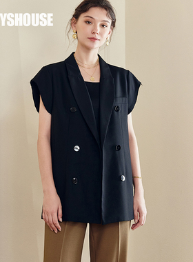 罗衣独特设计感小西装外套女春季干练职业通勤黑色马甲上衣09065
