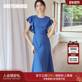 气质修身 罗衣知性蓝色荷叶边连衣裙女2025夏装 新款 A摆中长裙06620