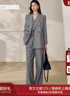 罗衣职业高级灰色条纹双排扣西装女春翻领商务正装面试外套12799