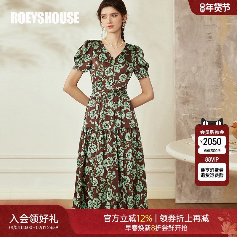 罗衣复古印花缎面连衣裙2025夏装新款气质大摆泡泡袖中长裙08508,女装/女士精品,连衣裙,淘宝优惠券,粉丝福利购,淘宝优惠卷