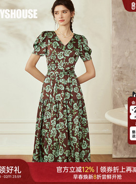 罗衣复古印花缎面连衣裙2025夏装新款气质大摆泡泡袖中长裙08508