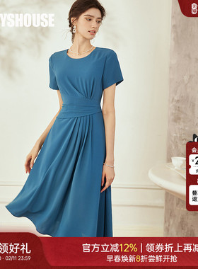罗衣不规则设计感连衣裙女2025夏装新款知性孔雀蓝褶皱裙子08694