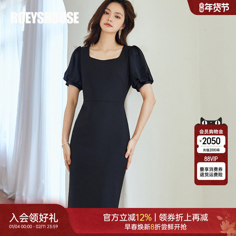 罗衣高级醋酸拼接连衣裙女2025夏装新款法式漂亮修身小黑裙01882,女装/女士精品,连衣裙,淘宝优惠券,粉丝福利购,淘宝优惠卷