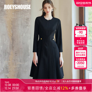 新款 罗衣气质通勤黑色连衣裙2025冬季 高级收腰大摆中长裙子09502