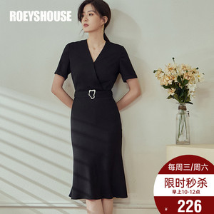 罗衣优雅鱼尾摆提花连衣裙女2025夏装新款黑色系带修身裙子06266