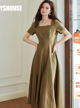 罗衣高级亮丝收腰大摆连衣裙女夏季优雅方领褶皱绿色中长裙10500