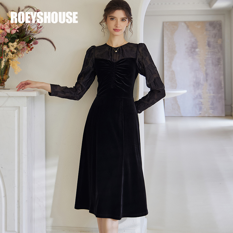 罗衣丝绒拼接提花大摆连衣裙