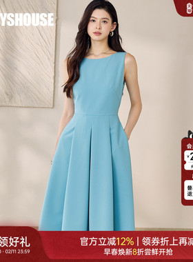 罗衣时尚通勤简约蓝色连衣裙2025夏装新款气质无袖大摆裙12413