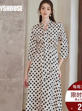 罗衣法式复古系带大摆连衣裙2025春季新款优雅波点缎面裙子10176