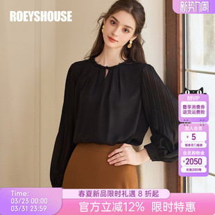 罗衣高级缎面拼接雪纺衬衫 职场OL风镂空衬衣黑色上衣13643 女春季