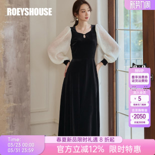 丝绒大摆裙11571 职场OL复古灯笼袖 罗衣法式 拼接雪纺连衣裙女春季