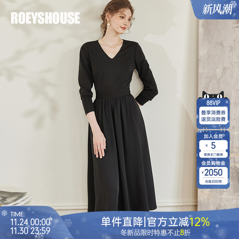 罗衣高级针织收腰黑色连衣裙