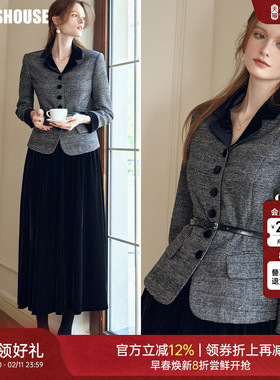 罗衣复古通勤灰色修身外套女2026春季新款高级拼接毛呢西装09735