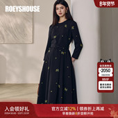 罗衣优雅淑女绣花系带大摆连衣裙女春职场通勤收腰中长裙子13367