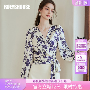 女春季 缎面衬衫 优雅气质V领衬衣系带上衣10125 印花泡泡袖 罗衣法式