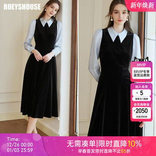 罗衣法式 收腰丝绒假两件连衣裙女秋冬轻职场拼接缎面中长裙09858