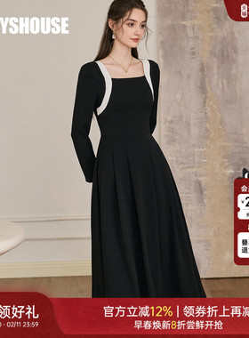 罗衣高级感赫本风连衣裙女2025秋季新款气质方领拼接小黑裙09949