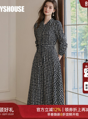 罗衣气质系带领大摆连衣裙女2025秋季新款时尚黑白收腰裙子11614