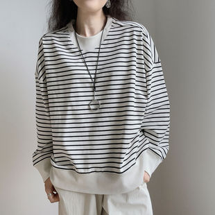 宽松慵懒风boyish套头圆领法式黑白条纹薄卫衣春秋季纯棉外套女