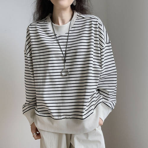 宽松慵懒风boyish套头圆领法式黑白条纹薄卫衣春秋季纯棉外套女
